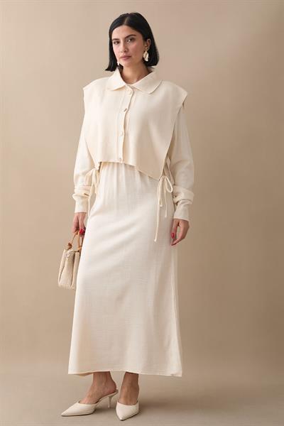 Bolerolu Elbiseli Ekru Takım