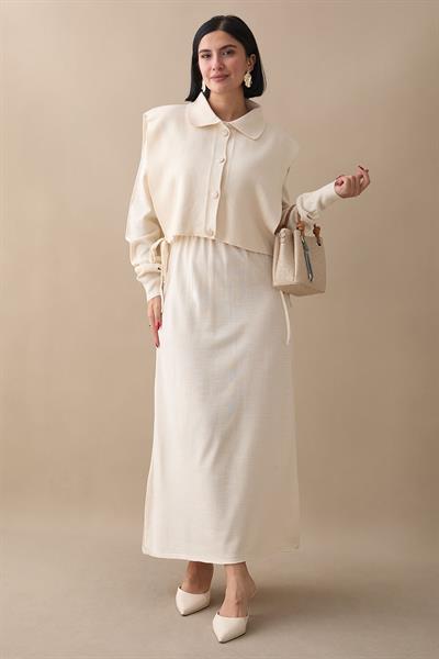 Bolerolu Elbiseli Ekru Takım