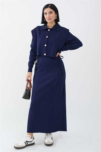 Bolerolu Elbiseli Lacivert Takım
