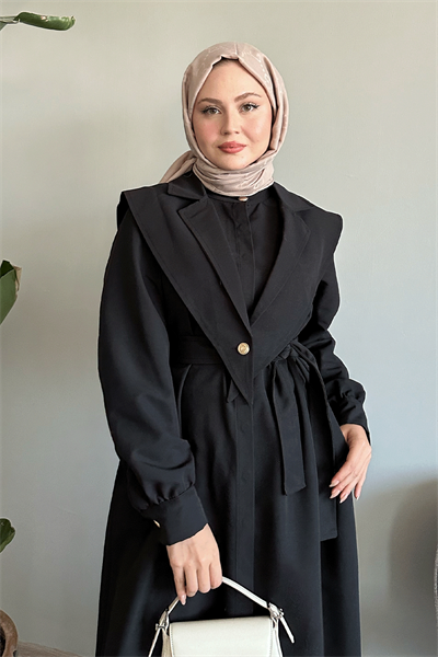 Bolerolu Kemerli Siyah Trençkot