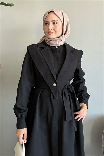 Bolerolu Kemerli Siyah Trençkot