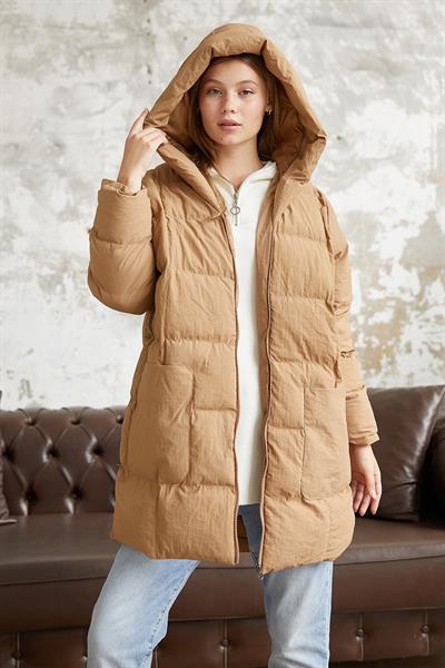 Bona Kapüşonlu Krinkıl Şişme Mont - Taba