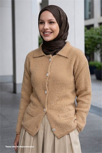 Beaded Pocket Detailed Camel Cardigan
