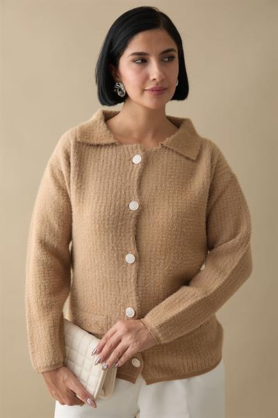 Boncuk Cep Detaylı Camel Hırka