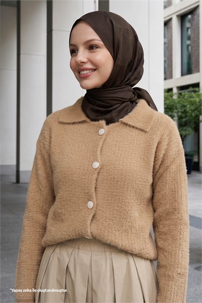 Beaded Pocket Detailed Camel Cardigan