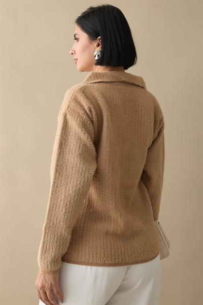 Boncuk Cep Detaylı Camel Hırka