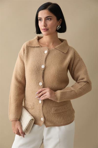 Boncuk Cep Detaylı Camel Hırka