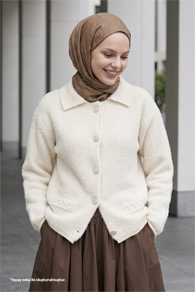 Beaded Pocket Detailed Ecru Cardigan