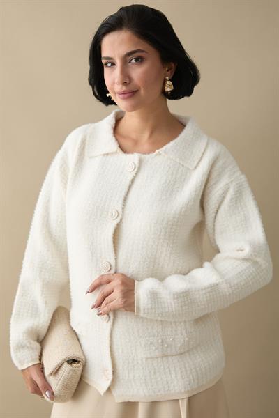 Boncuk Cep Detaylı Ekru Hırka