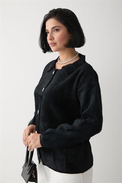 Boncuk Cep Detaylı Siyah Hırka