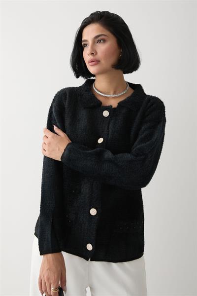 Boncuk Cep Detaylı Siyah Hırka