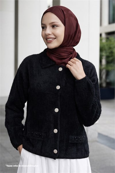 Beaded Pocket Detailed Black Cardigan