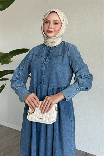 Boncuk Düğmeli Manşetli Mavi Kot Elbise
