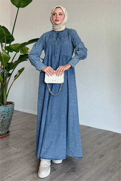 Boncuk Düğmeli Manşetli Mavi Kot Elbise