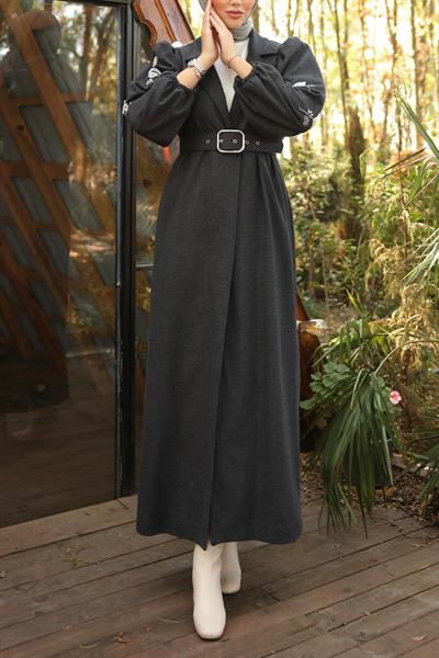 Boncuk İşlemeli Kemerli Antrasit Kap