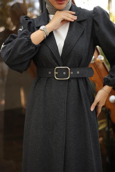 Boncuk İşlemeli Kemerli Antrasit Kap