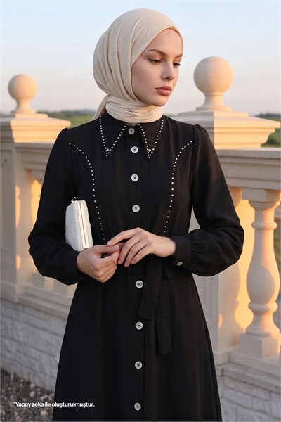 Beaded Full-Length Buttoned Black Linen Dress
