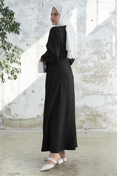 Boncuklu Boydan Düğmeli Siyah Keten Elbise