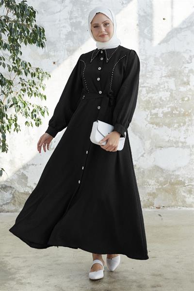Boncuklu Boydan Düğmeli Siyah Keten Elbise