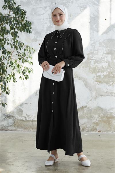 Boncuklu Boydan Düğmeli Siyah Keten Elbise