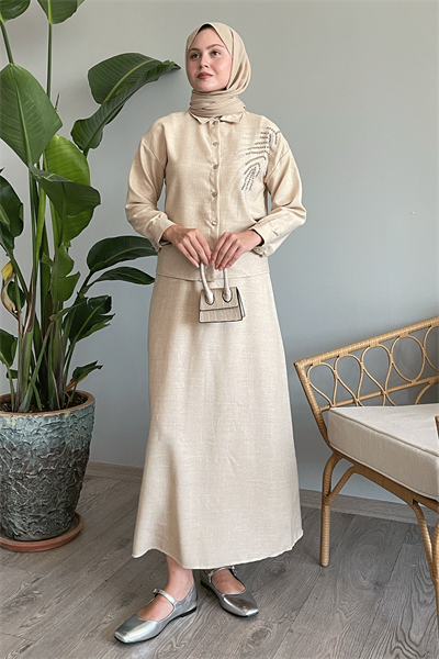 Boncuklu Etekli Taş Keten Takım