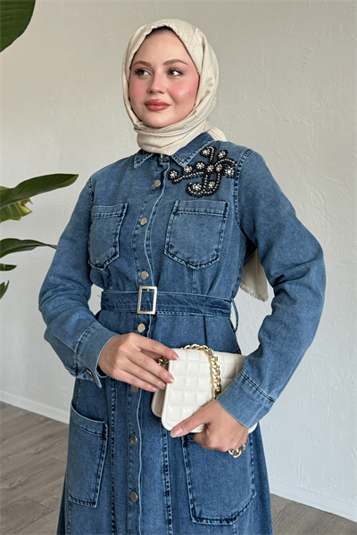 Boncuklu Kemerli Mavi Kot Elbise