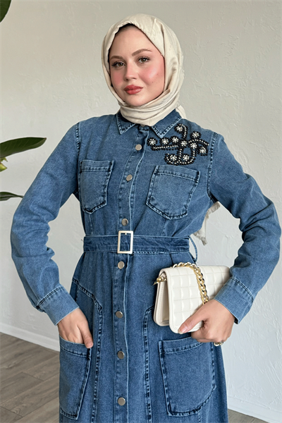 Boncuklu Kemerli Mavi Kot Elbise