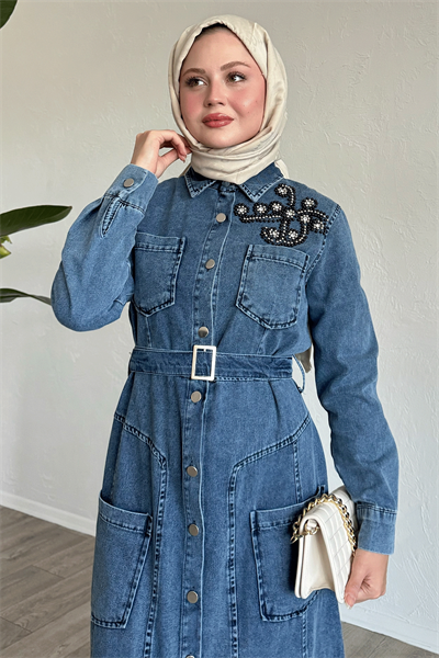 Boncuklu Kemerli Mavi Kot Elbise