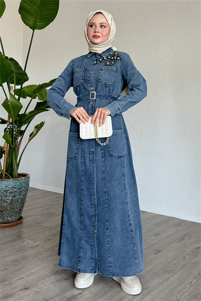 Boncuklu Kemerli Mavi Kot Elbise