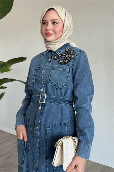 Boncuklu Kemerli Mavi Kot Elbise