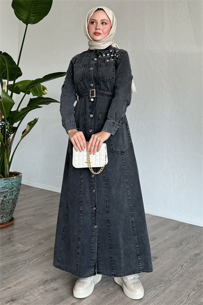 Boncuklu Kemerli Siyah Kot Elbise