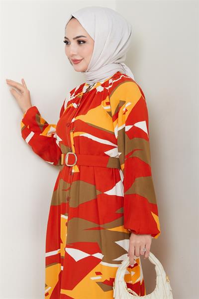 Botanik Desen Kırmızı Viskon Elbise