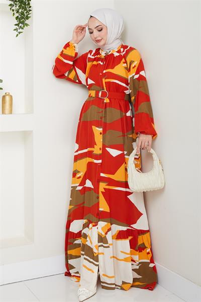 Botanik Desen Kırmızı Viskon Elbise