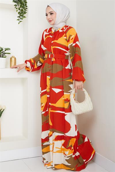 Botanik Desen Kırmızı Viskon Elbise