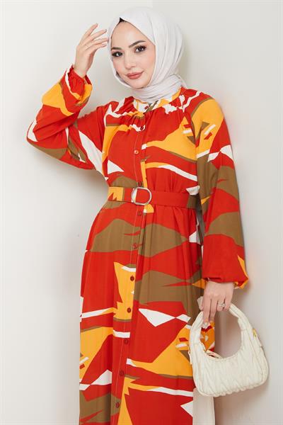 Botanik Desen Kırmızı Viskon Elbise