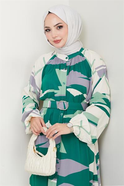 Botanik Desen Koyu Yeşil Viskon Elbise