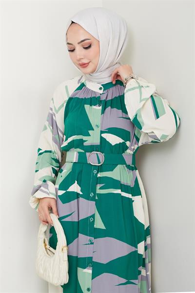 Botanik Desen Koyu Yeşil Viskon Elbise