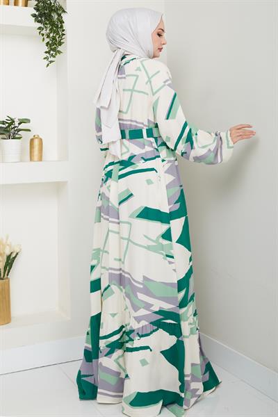 Botanik Desen Koyu Yeşil Viskon Elbise