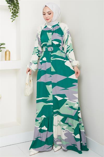 Botanik Desen Koyu Yeşil Viskon Elbise