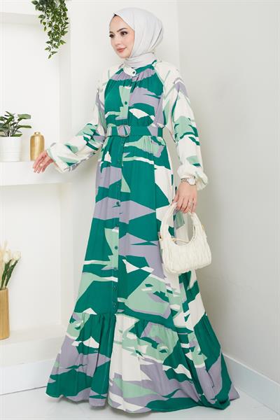 Botanik Desen Koyu Yeşil Viskon Elbise