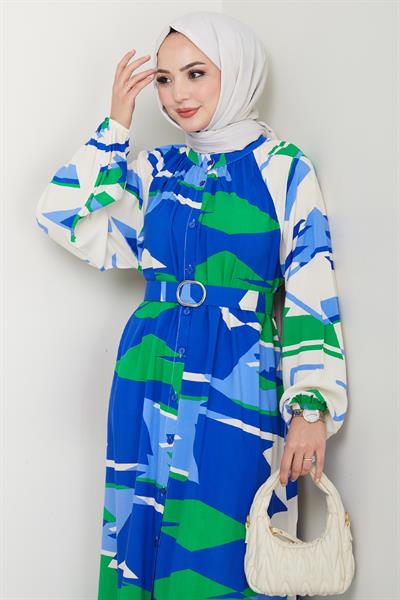 Botanik Desen Saks Mavisi Viskon Elbise