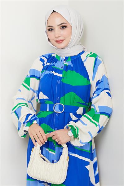 Botanik Desen Saks Mavisi Viskon Elbise