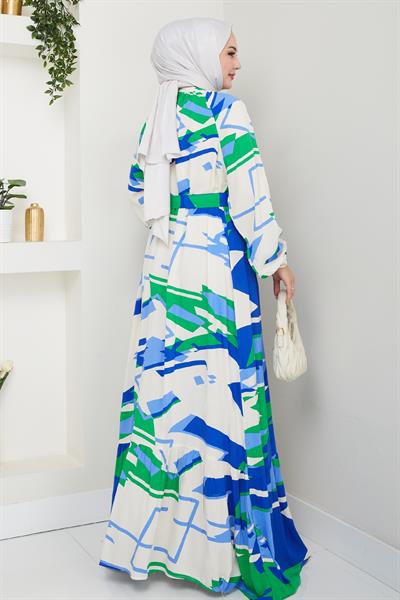 Botanik Desen Saks Mavisi Viskon Elbise