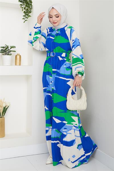 Botanik Desen Saks Mavisi Viskon Elbise