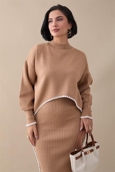 Boydan Biyeli İkili Camel Triko Takım