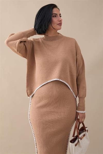 Boydan Biyeli İkili Camel Triko Takım