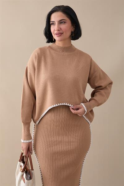 Boydan Biyeli İkili Camel Triko Takım