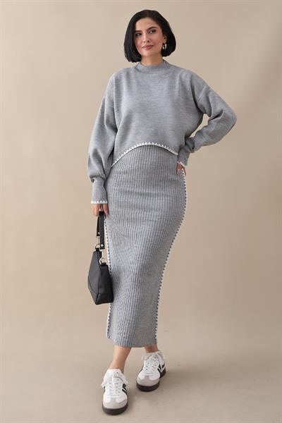 Boydan Biyeli İkili Gri Triko Takım