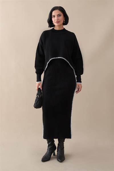 Boydan Biyeli İkili Siyah Triko Takım