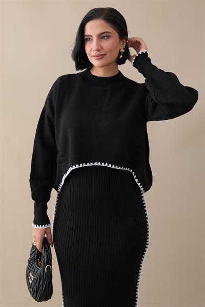 Boydan Biyeli İkili Siyah Triko Takım